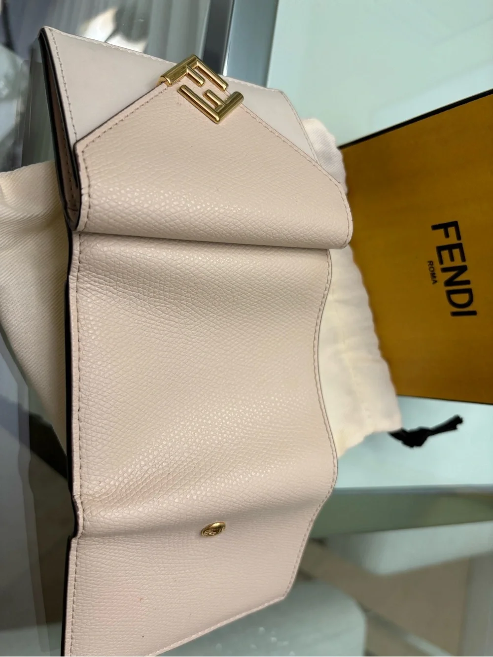 Authentic Fendi Tri-fold light pink and Cream Leather Wallet with Gold FF Logo